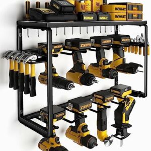 Power Tool Organizer, 8 Drill Holders Wall Mount, 3 Layer Heavy Duty Metal Storage for Garage Organization, Tools Shelves with Screwdriver Holder/Plier Holder/Hammer Holder Men Father's Day Gifts
