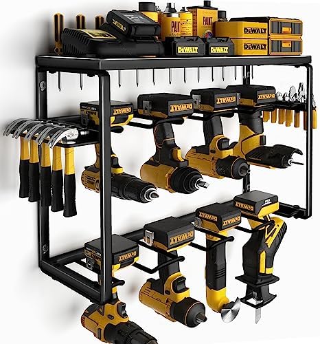 Power Tool Organizer, 8 Drill Holders Wall Mount, 3 Layer Heavy Duty Metal Storage for Garage Organization, Tools Shelves with Screwdriver Holder/Plier Holder/Hammer Holder Men Father's Day Gifts