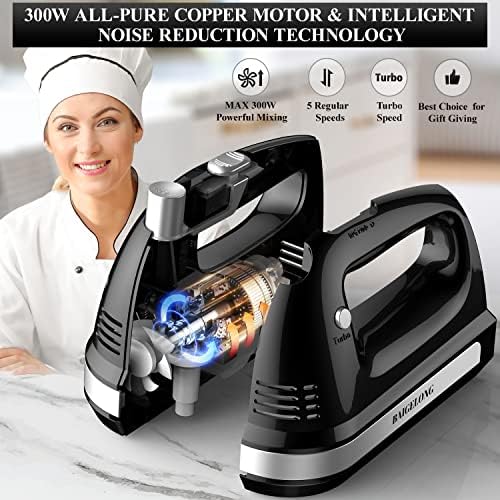 BAIGELONG Hand Electric Mixer, 300W Ultra Power Food Kitchen Mixer with 5 Self-Control Speeds + Turbo Boost, 5 Stainless Steel Attachments Handheld Mixer for Baking, Black - Image 3