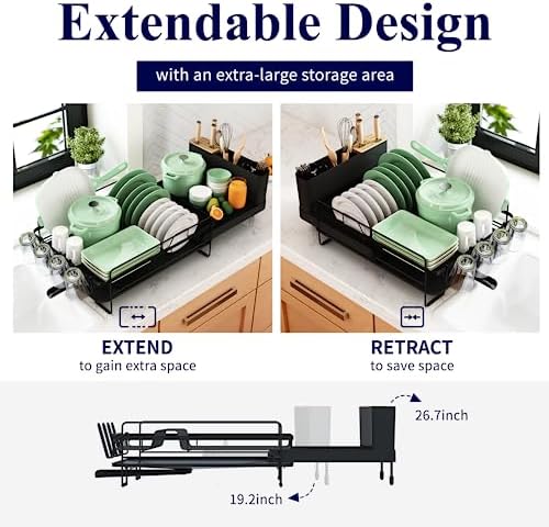 Kitsure Large Dish Drying Rack - Extendable Dish Rack, Multifunctional Dish Rack for Kitchen Counter, Anti-Rust Drying Dish Rack with Cutlery & Cup Holders - Image 2