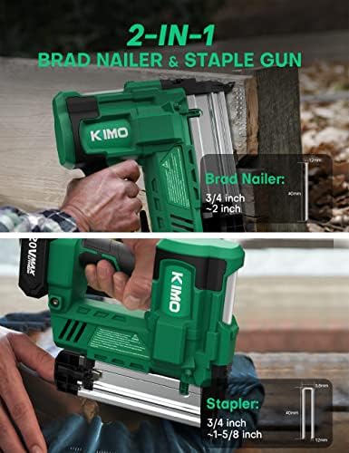 KIMO 18 Gauge Nail Gun Battery Powered w/ 2 X 2.0 Battery & Charger, 2 in 1 Cordless Brad Nailer/Electric Stapler, Adjustable Depth, 18GA Nailer/Staples for Upholstery, Home Improvement & Woodworking - Image 4