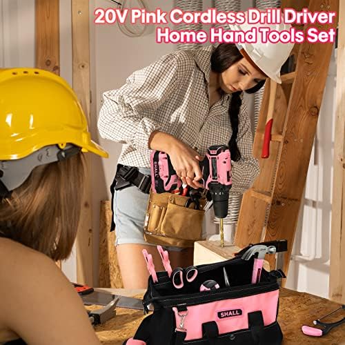 SHALL 247Pcs 20V Cordless Drill Driver & Household Tool Kit for Women, Pink Electric Power Drill Screwdriver and Home Hand Tool Set with 14” Storage Tool Bag for DIY, Home Repair/Maintenance - Image 7