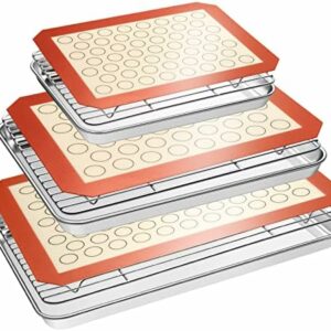 Baking Sheet Tray Cooling Rack with Silicone Mat Set, Stainless Steel Cookie Pan For Oven, Set of 9 (3 Sheets + 3 Racks Mats), Warp Resistant & Heavy Duty Easy Clean