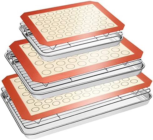 Baking Sheet Tray Cooling Rack with Silicone Mat Set, Stainless Steel Cookie Pan For Oven, Set of 9 (3 Sheets + 3 Racks Mats), Warp Resistant & Heavy Duty Easy Clean