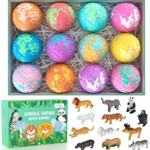 Bath Bombs for Kids with Surprise Inside, 12 Pack Kids Bath Bombs with Jungle Animal Toys for Boys Girls, Safe Handmade Fizzy Balls Dino Egg Bubble Bath Bomb Gift Set for Kids Christmas Easter