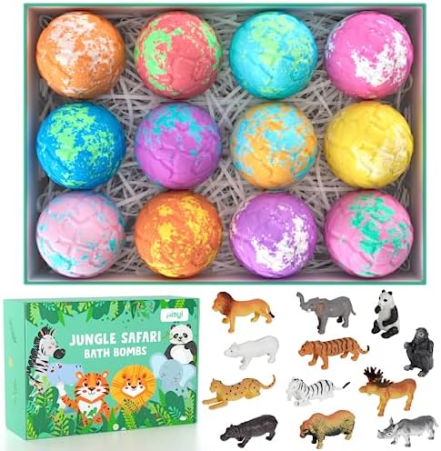 Bath Bombs for Kids with Surprise Inside, 12 Pack Kids Bath Bombs with Jungle Animal Toys for Boys Girls, Safe Handmade Fizzy Balls Dino Egg Bubble Bath Bomb Gift Set for Kids Christmas Easter