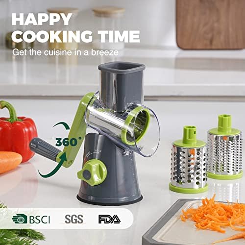 Cheese Grater with Handle, Kitchen Manual Cheese Shredder with 3 Interchangeable Blades, Rotary Cheese Grater Handheld with Strong Suction Base, Vegetable Slicer Nuts Grinder with Clean Brush - Image 2