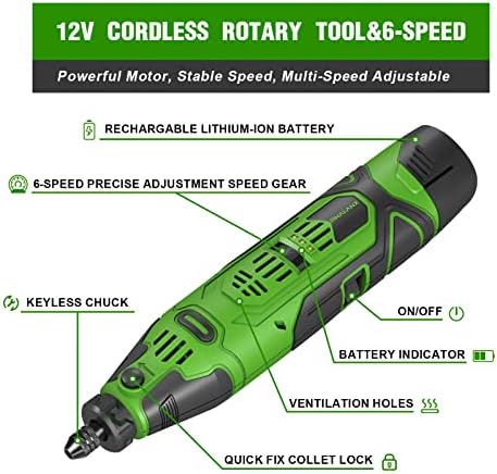 PHALANX 12V Cordless Rotary Tool Kit with Keyless Chuck, 6-Speeds 5000-32000RPM, 119 Accessories with Flex Shaft, Idea for Cutting, Grinding, Wood Carving- Include 2.0AH Battery, Charger - Image 3