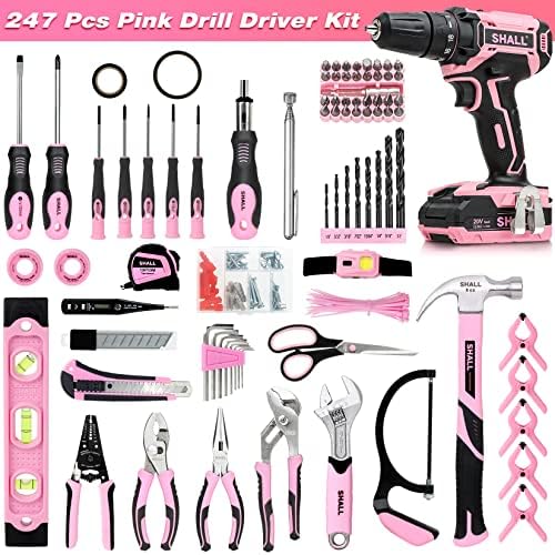 SHALL 247Pcs 20V Cordless Drill Driver & Household Tool Kit for Women, Pink Electric Power Drill Screwdriver and Home Hand Tool Set with 14” Storage Tool Bag for DIY, Home Repair/Maintenance - Image 2
