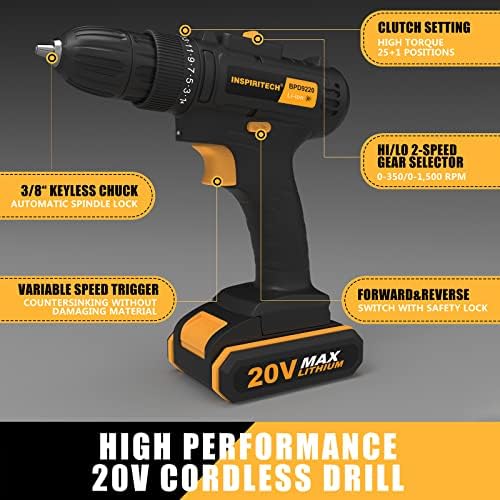 INSPIRITECH 20V Cordless Drill with 2 Batteries, Charger and 13'' Tool Bag, 3/8 Inch Chuck, Variable Speed, 25+1 Torque Setting with LED Work Light and Accessories - Image 2