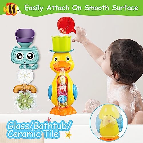 Bath Toys for Toddlers 1-3 3-5,Baby Bath Toys Cute Duck Cat Waterfall with Rotate Waterwheel Shower Toys,Fishing Game,Floating Bathtub Toys Swimming Fish Toy,Baby Water Toys Pool Toys for Toddlers 1-3 - Image 2