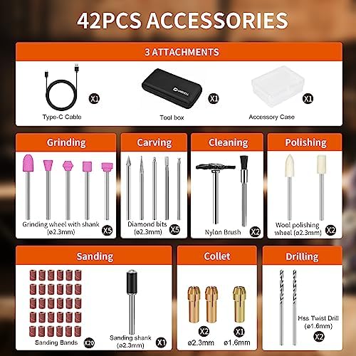 HARDELL Cordless Rotary Tool 3.7V, 3-Speed Mini Rotary Tool with 42 Rotary Tool Accessories, Rechargeable Power Rotary Tool Kit for Sanding, Drilling, Polishing, Engraving, Cleaning, DIY Crafts - Image 2