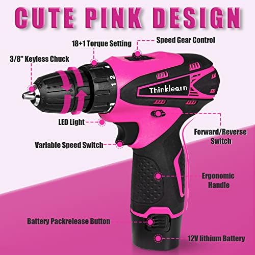 Pink Drill Set for Women, 137 Piece Hand and Power Tool Set with 12V Cordless Drill, Home Tool Kit for DIY, Necessities for Daily Decoration and Maintenance, As a Creative Gift for Ladies - Image 2