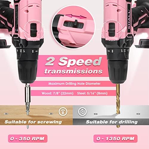 SHALL 247Pcs 20V Cordless Drill Driver & Household Tool Kit for Women, Pink Electric Power Drill Screwdriver and Home Hand Tool Set with 14” Storage Tool Bag for DIY, Home Repair/Maintenance - Image 4