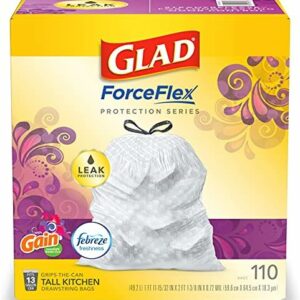 GLAD ForceFlex Tall Kitchen Drawstring Trash Bags, 13 Gallon White Trash Bag for Kitchen Trash Can, Gain Moonlight Breeze with Febreze Freshness and Leak Protection, 110 Count (Package May Vary)