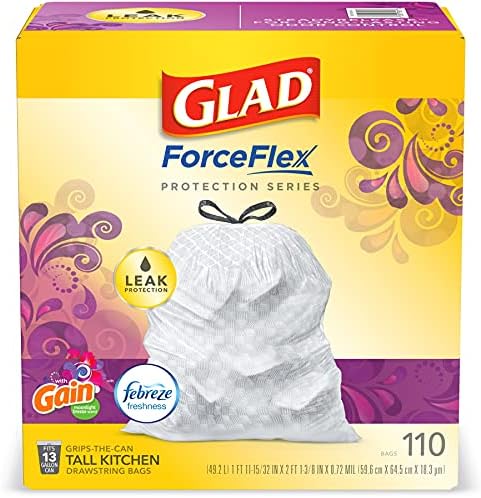 GLAD ForceFlex Tall Kitchen Drawstring Trash Bags, 13 Gallon White Trash Bag for Kitchen Trash Can, Gain Moonlight Breeze with Febreze Freshness and Leak Protection, 110 Count (Package May Vary)