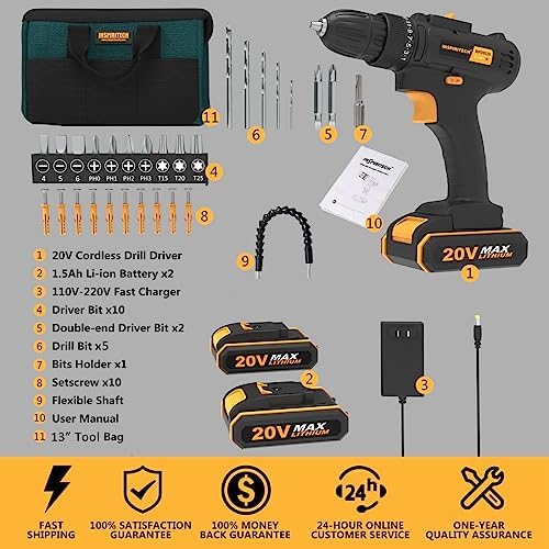 INSPIRITECH 20V Cordless Drill with 2 Batteries, Charger and 13'' Tool Bag, 3/8 Inch Chuck, Variable Speed, 25+1 Torque Setting with LED Work Light and Accessories - Image 9