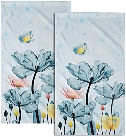 Giwawa Blue Floral Hand Towels Set of 2 Modern Flower Soft Absorbent Small Decorative Bath Towel Kitchen Dish Guest Towel for Spa Gym Home