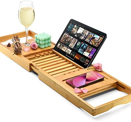 Luxury Bathtub Tray Caddy - Foldable Waterproof Bath Tray & Bath Caddy - Wooden Tub Organizer & Holder for Wine, Book, Soap, Phone Luxury Gift For Men & Women - Expandable Size, Fits Most Tubs Home It - Image 6