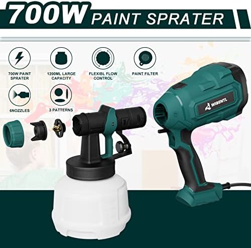 WIBENTL Paint Sprayer, 700W HVLP Electric Spray Paint Gun, with 6 Copper Nozzles & 3 Patterns, Paint Sprayers for Home Interior and Exterior, Furniture, Fence, Walls, DIY Works, Ceiling WSG10A - Image 2