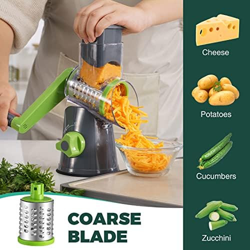 Cheese Grater with Handle, Kitchen Manual Cheese Shredder with 3 Interchangeable Blades, Rotary Cheese Grater Handheld with Strong Suction Base, Vegetable Slicer Nuts Grinder with Clean Brush - Image 3