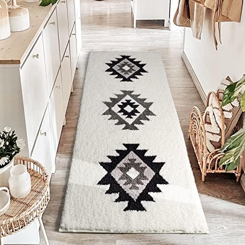 DEXDE Boho Bathroom Rug Runner 24x60 Long Bath Mat for Bathroom Bedroom Hallway Kitchen Luxury Soft Absorbent Large Modern Geometric Carpet Runner Western Farmhouse Decor, Black White