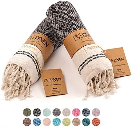 Evelynen Turkish Hand Towels for Bathroom & Kitchen Towels Decorative Set of 2 | Boho Farmhouse Hand Towels with Hanging Loops for Face, Tea, Dish, Kitchen & Bath |%100 Cotton (16" x 32" - Black)