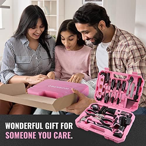 WORKPRO Pink Tool Set with Power Drill, 108PCS Portable Ladies Pink Drill Kit for Home with Toolbox including Pink Hammer, 1.5 Ah Cordless Hand Drills with Keyless Chuck and Variable Speed Trigger - Image 9