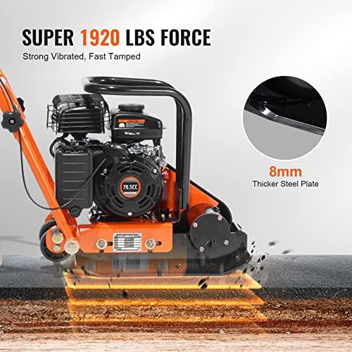 VEVOR Plate Compactor,2.8HP 78.5cc Gas Engine, 5600VPM Force Vibratory Compaction Tamper,1920LBS Compactor with 18.7 x 11.8 in Plate for Walkways,Patios,Asphalts,Paver Landscaping,EPA Compliant - Image 3