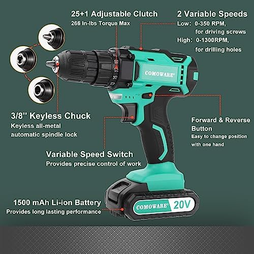 COMOWARE 20V Cordless Drill, Electric Power Drill Set with 1 Battery & Charger, 3/8” Keyless Chuck, 2 Variable Speed, 266 In-lb Torque, 25+1 Position and 34pcs Drill/Driver Bits - Image 2