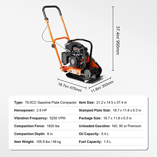 VEVOR Plate Compactor,2.8HP 78.5cc Gas Engine, 5600VPM Force Vibratory Compaction Tamper,1920LBS Compactor with 18.7 x 11.8 in Plate for Walkways,Patios,Asphalts,Paver Landscaping,EPA Compliant - Image 7