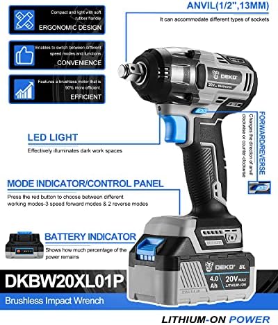 DEKOPRO Cordless Drill Combo Kit - 20V Max Brushless Impact Drill and Impact Wrench Cordless Power Tool Set with 2Pcs 2.0 Ah&4.0 Ah Lithium-Ion Batteries, Charger and Storage Bag included - Image 3