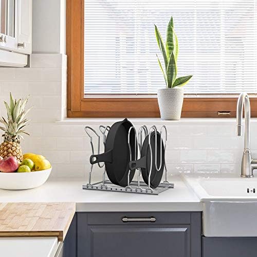 CAXXA Heavy Duty Pan Rack, Pot Lid Rack, Kitchen Cabinet Pantry Cookware Organizer Rack Holder | 5 Adjustable Dividers, Chrome - Image 8