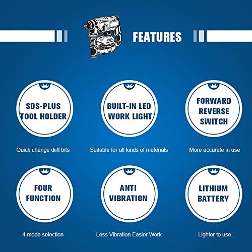 Weytoll Cordless Hammer Drill, 20V 4.0AH Lithium Heavy Duty Demolition Hammer SDS Plus Rotary Hammer, Point Chisel, Flat Chisel, Cordless Hammer Kit - Image 5