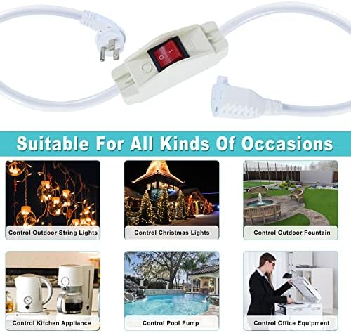 Short Power Extension Cord with On Off Switch - 2FT Flat Plug Short 3Prong Extension Cord with Inline Switch Waterproof, 1875W Heavy Duty White SJTW 14AWG Grounded 15A AC Electrical Extension Cord - Image 9