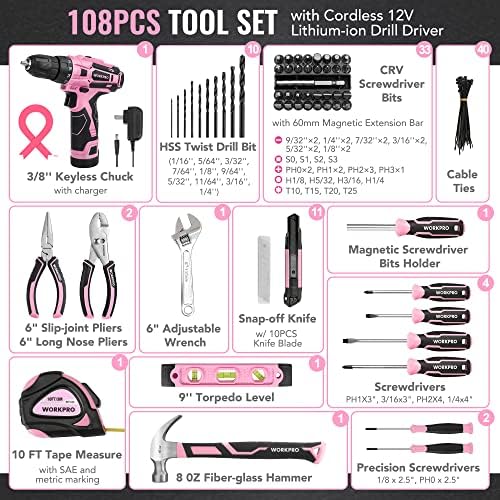WORKPRO Pink Tool Set with Power Drill, 108PCS Portable Ladies Pink Drill Kit for Home with Toolbox including Pink Hammer, 1.5 Ah Cordless Hand Drills with Keyless Chuck and Variable Speed Trigger - Image 2