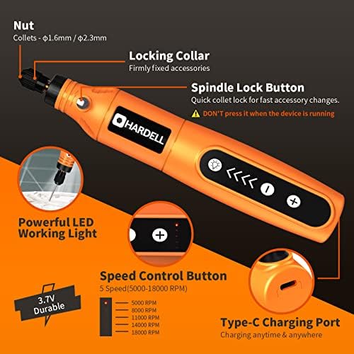 HARDELL Mini Cordless Rotary Tool, 5-Speed and USB Charging Rotary Tool Kit with 61 Accessories, Multi-Purpose 3.7V Power Rotary Tool for Sanding, Polishing, Drilling, Etching, Engraving, DIY Crafts - Image 2
