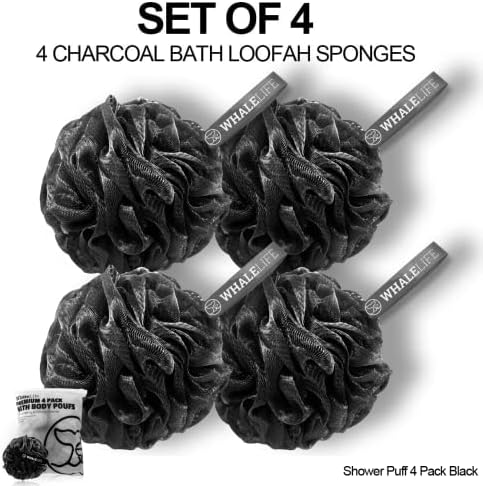 Shower Puff 4 Pack Black Bath Sponge Shower Loofahs Pouf Ball Nature Bamboo Charcoal Mesh Bulk Puffs Large, Shower Essential Skin Care by WhaleLife - Image 2