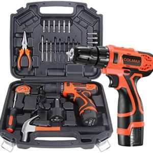 COLMAX Hand Combo Power Tool set 28 pcs, Electric Tool Kit, 12V Power Cordless Drill with 2 Batteries! Household Repairing Mixed Tool, Daily Use Home Repairing Tool Kit, with Blow Molded Case