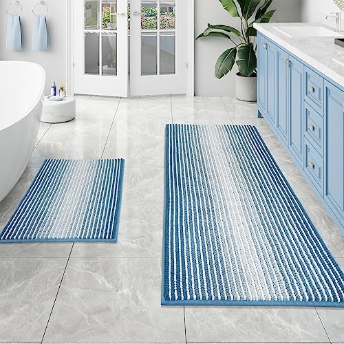 BSICPRO Bathroom Rugs and Mats Sets, 2 Piece Thick Absorbent Chenille Bath Mat Rug Set Non Slip, Soft Shaggy Bath Room Floor Mats for Bathroom, Machine Washable (20" x 47" Plus 16" x 24", Sky Blue)