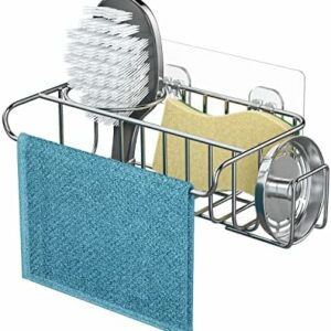 HapiRm 4 in 1 Adhesive Sink Caddy Sponge Holder, SUS304 Stainless Steel Sink Basket Brush Holder + Dish Cloth Hanger + Soap Rack + Sink Stopper Holder with 2 Installation Ways - Silver