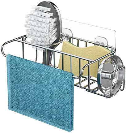 HapiRm 4 in 1 Adhesive Sink Caddy Sponge Holder, SUS304 Stainless Steel Sink Basket Brush Holder + Dish Cloth Hanger + Soap Rack + Sink Stopper Holder with 2 Installation Ways - Silver