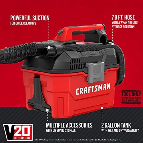 CRAFTSMAN V20 Cordless Vacuum Cleaner, Shop Vac Wet/Dry, 2 Gallon, 7ft Hose, Bare Tool Only (CMCV002B) - Image 2