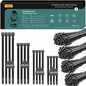 Cubefeller Zip Ties, | 12"+8"+6"+4" / 400 PCS /, Black Zip Ties with 50 Pounds Tensile Strength, Plastic Tie,Self-Locking Nylon Zip Ties for Indoor and Outdoor,Cable Ties in resealable bag