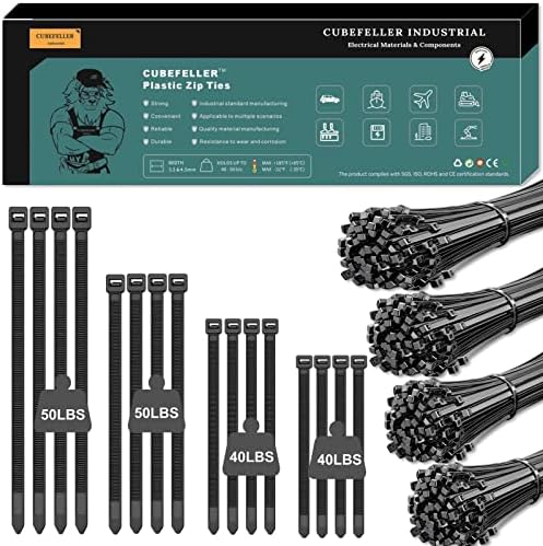 Cubefeller Zip Ties, | 12"+8"+6"+4" / 400 PCS /, Black Zip Ties with 50 Pounds Tensile Strength, Plastic Tie,Self-Locking Nylon Zip Ties for Indoor and Outdoor,Cable Ties in resealable bag