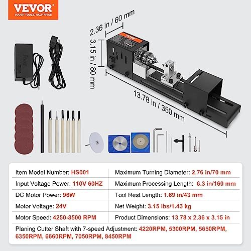 VEVOR Mini Lathe Machine, 2.76 in x 6.3 in, 24VDC 96W Mini Wood Lathe Tools Milling Machine Accessories, 7 Speeds 4220/5300/5650/6350/6660/7050/8450 RPM, for DIY Woodworking Wood Drill Rotary Tool - Image 7