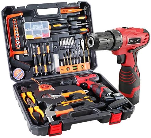 108 Piece Power Tool Combo Kits with 16.8V Cordless Drill, Household Tools Set with DIY Hand Tool Kits for Professional Garden Office Home Repair Maintain-Black/Red