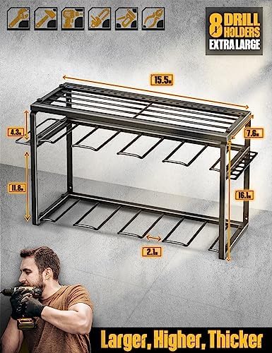 Power Tool Organizer, 8 Drill Holders Wall Mount, 3 Layer Heavy Duty Metal Storage for Garage Organization, Tools Shelves with Screwdriver Holder/Plier Holder/Hammer Holder Men Father's Day Gifts - Image 3