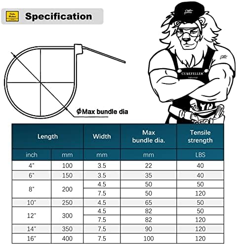 Cubefeller Zip Ties, | 12"+8"+6"+4" / 400 PCS /, Black Zip Ties with 50 Pounds Tensile Strength, Plastic Tie,Self-Locking Nylon Zip Ties for Indoor and Outdoor,Cable Ties in resealable bag - Image 6