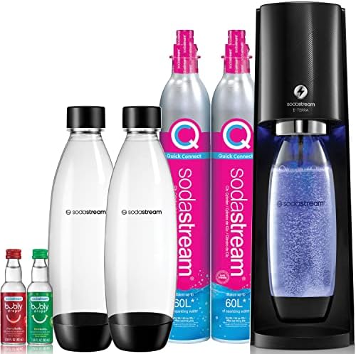 SodaStream E-TERRA Sparkling Water Maker Bundle (Black), with CO2, Carbonating Bottles, and bubly Drops Flavors